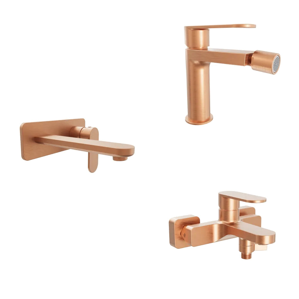 Set miscelatori lavabo ad incasso placca squadrata bidet miscelatore esterno vasca rame spazzolato | Margot