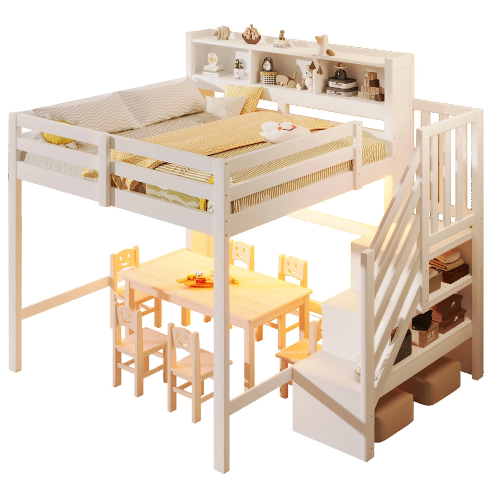 Letto a soppalco 140x200 cm con LED; scala contenitore e struttura bianca