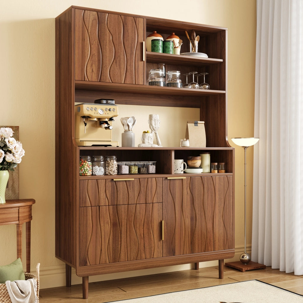 Sideboard alto con 1 cassetto, ante e ripiani aperti. Mobile contenitore in MDF e truciolato con piedi in legno massello