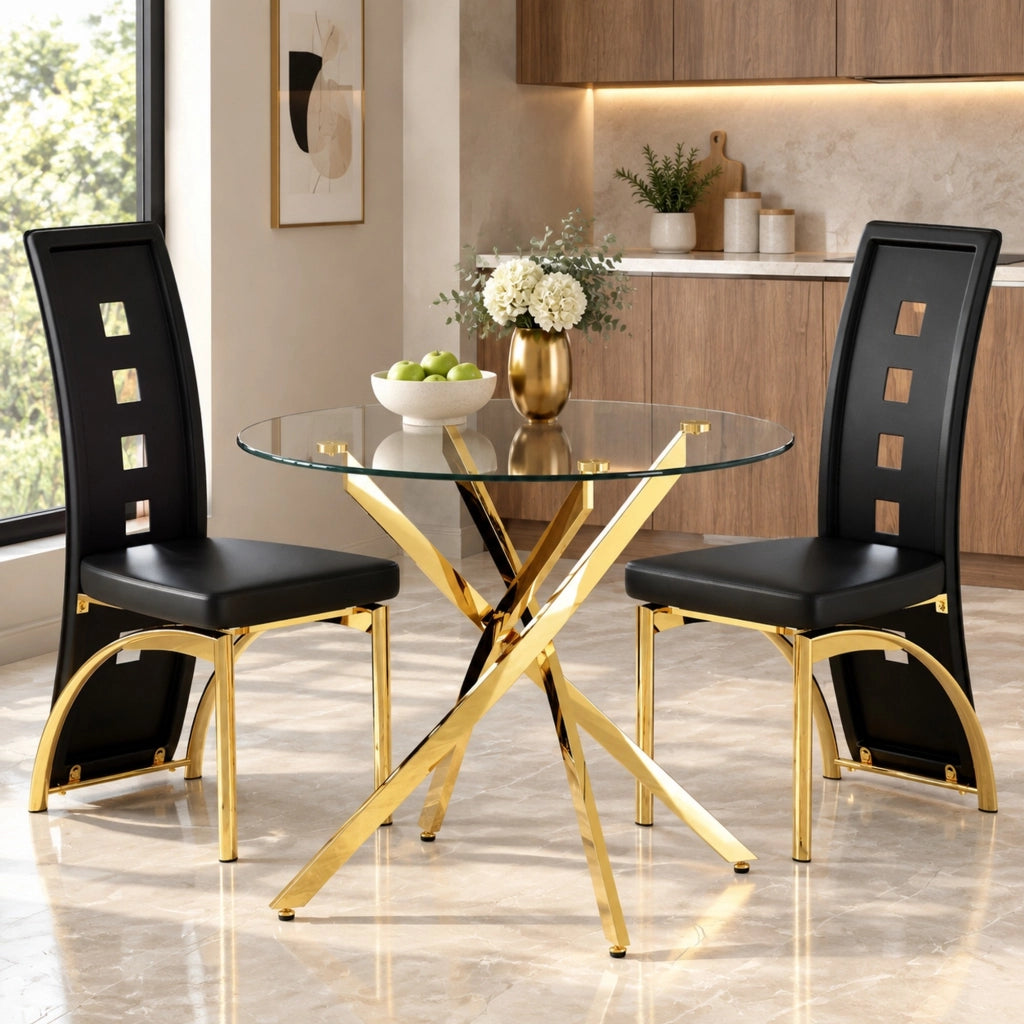 Set tavolo da pranzo 88 cm in vetro temperato nero e oro, compatto