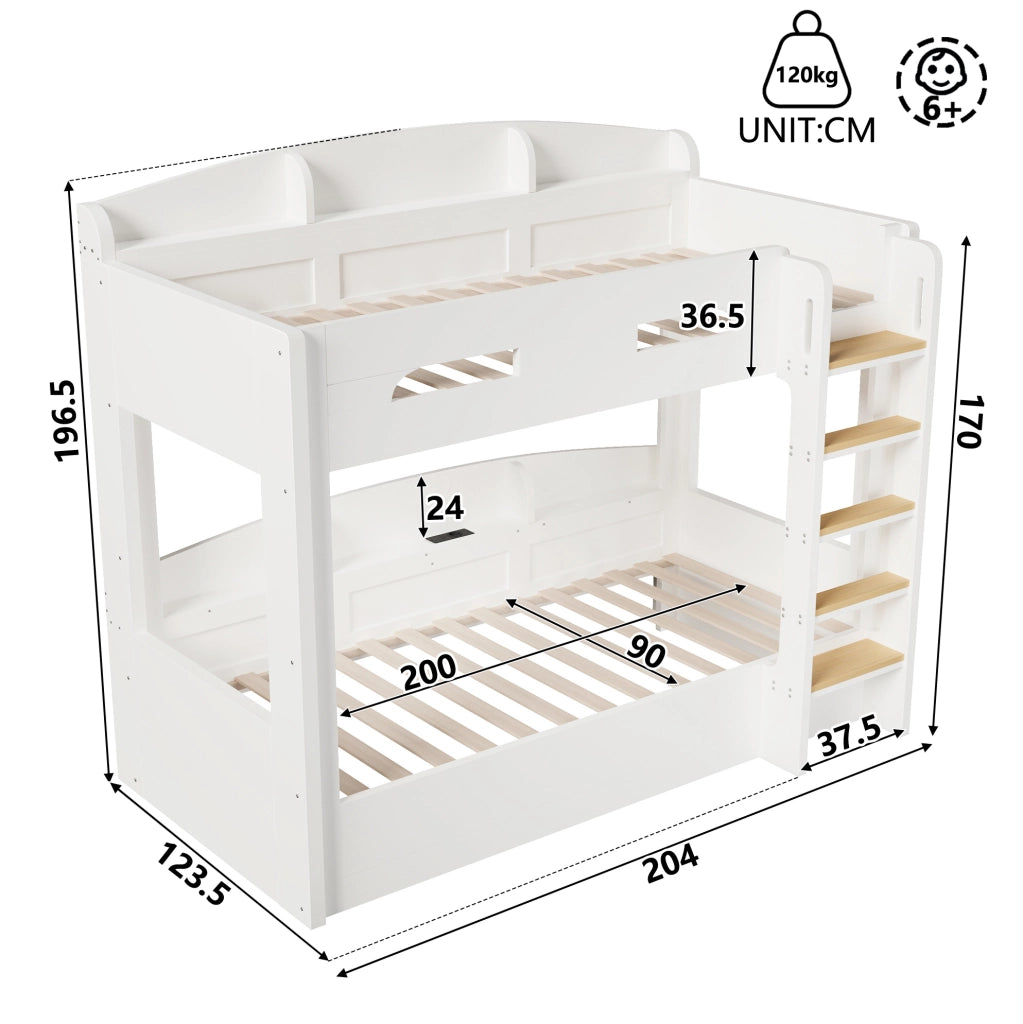 Letto a castello con presa USB e ripiani laterali 90 x 200 cm