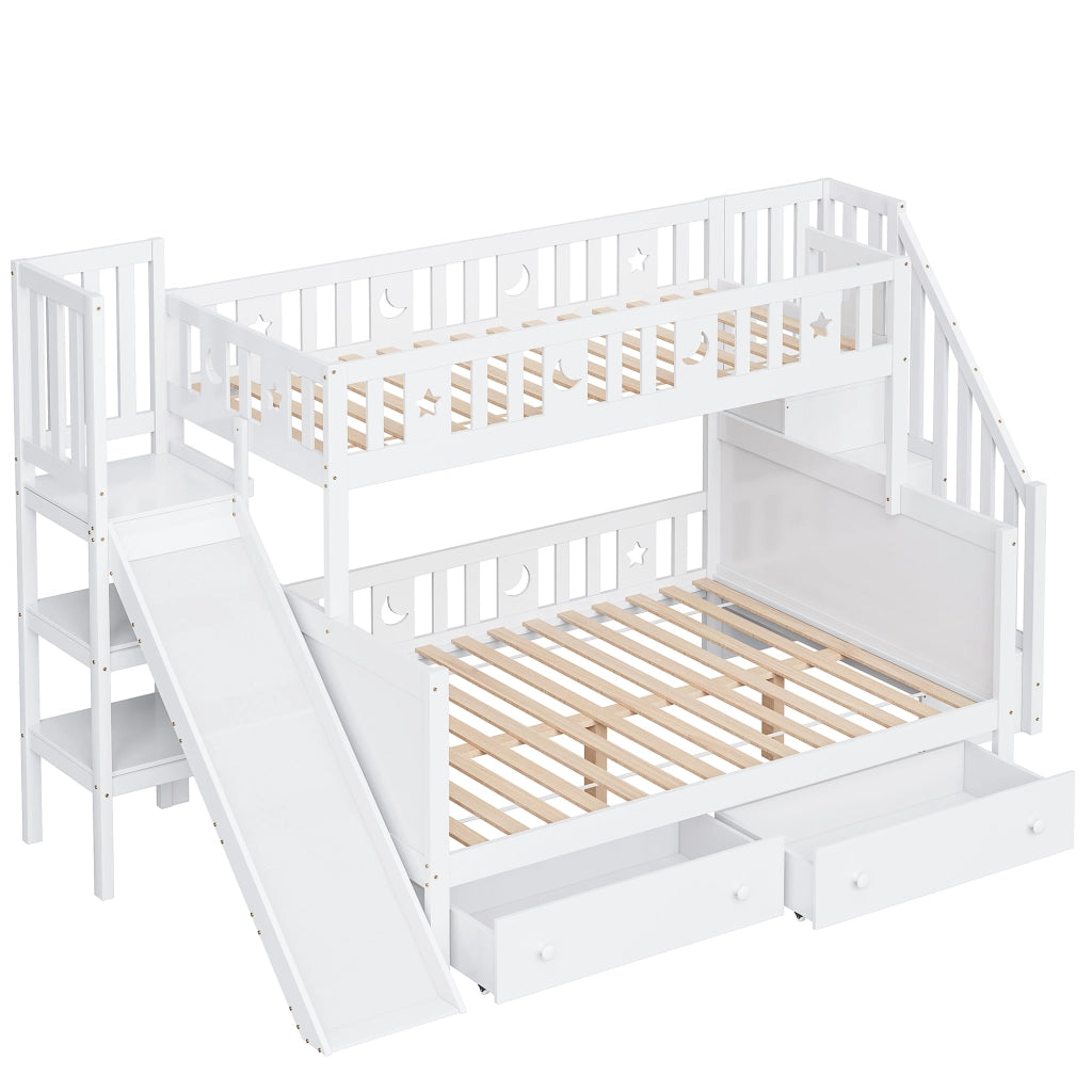 Letto a castello per bambini con scivolo, in legno bianco, con scala, 2 cassetti e rete a doghe, 90 x 200 / 140 x 200 cm