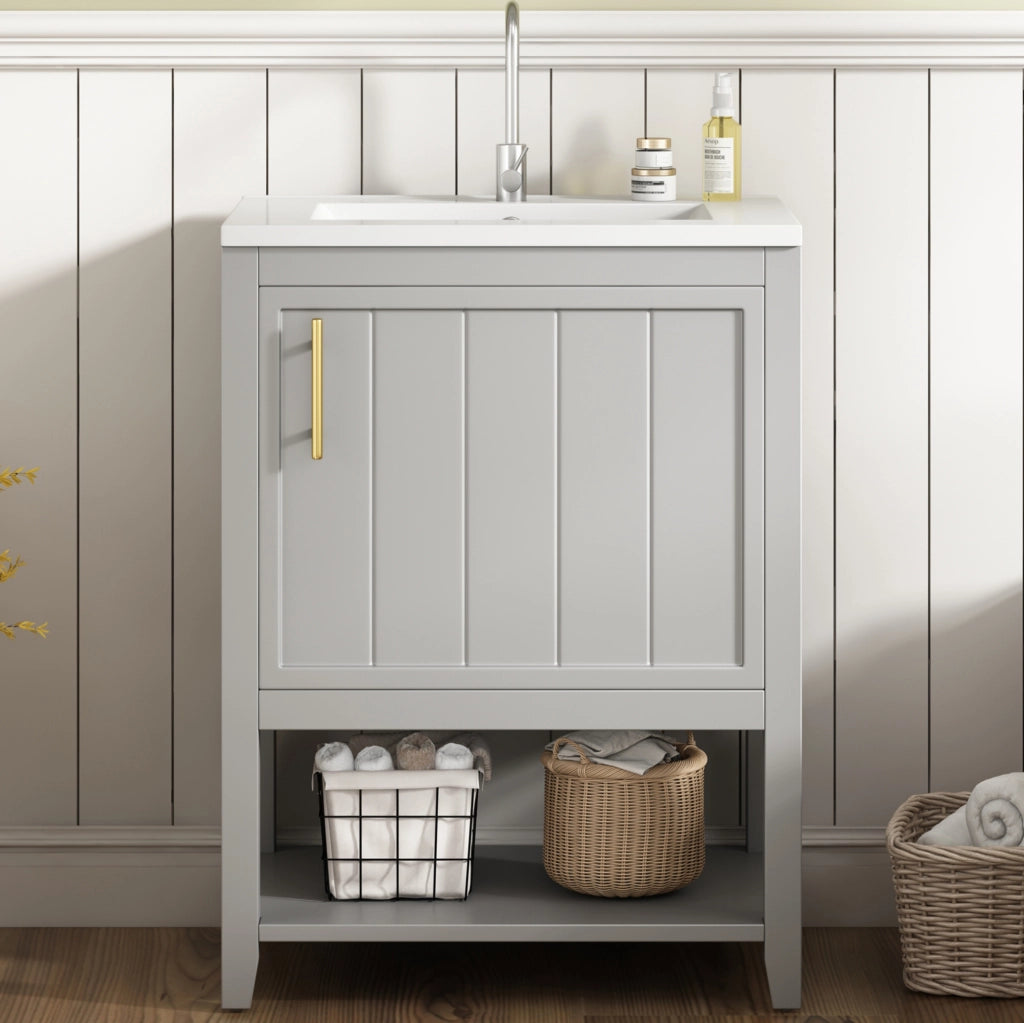 Mobile lavabo singolo 60 cm con lavabo in ceramica e ripiano, colore grigio chiaro