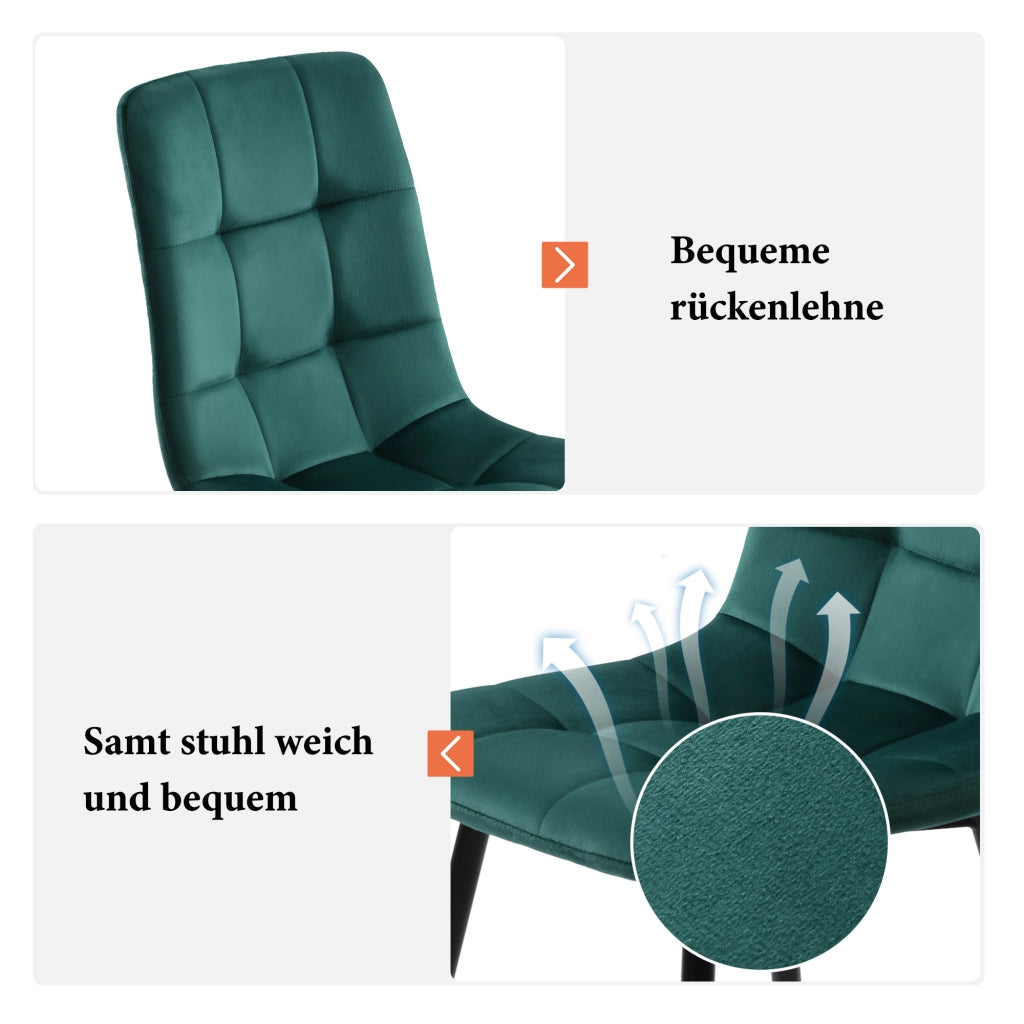 Set tavolo e sedie 5 pezzi con 4 sedie in velluto verde scuro tavolo con piano in MDF e gambe in metallo nero