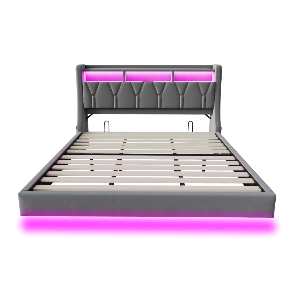 DESMIU Letto imbottito 180 × 200 cm 2 posti con USB, Type-C, LED e vani portaoggetti, senza materasso, grigio