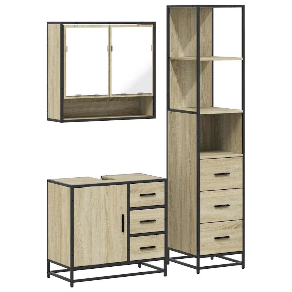 Set Mobili da Bagno | Armadio da bagno 3 pz Rovere Sonoma in Legno Multistrato