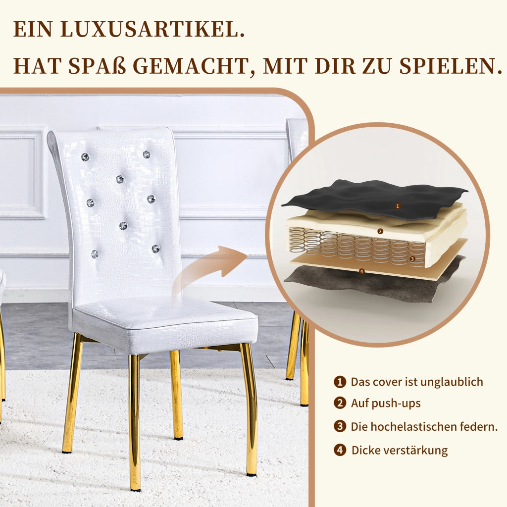 Sedia da pranzo set di 2 con dettagli in cristallo seduta imbottita e gambe metalliche dorate in PVC bianco oro