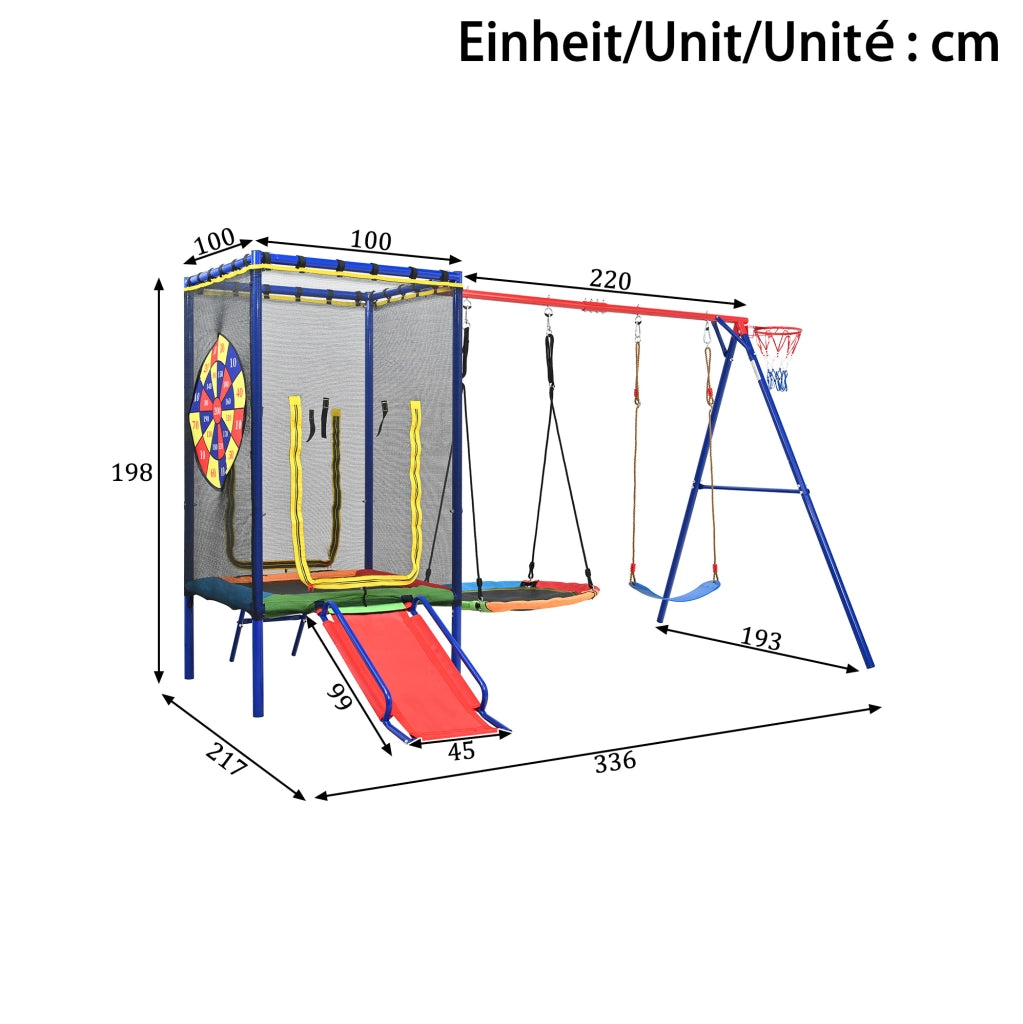 Combinazione gioco da esterno 5 in 1 con trampolino; scivolo; altalene e canestro; multicolore