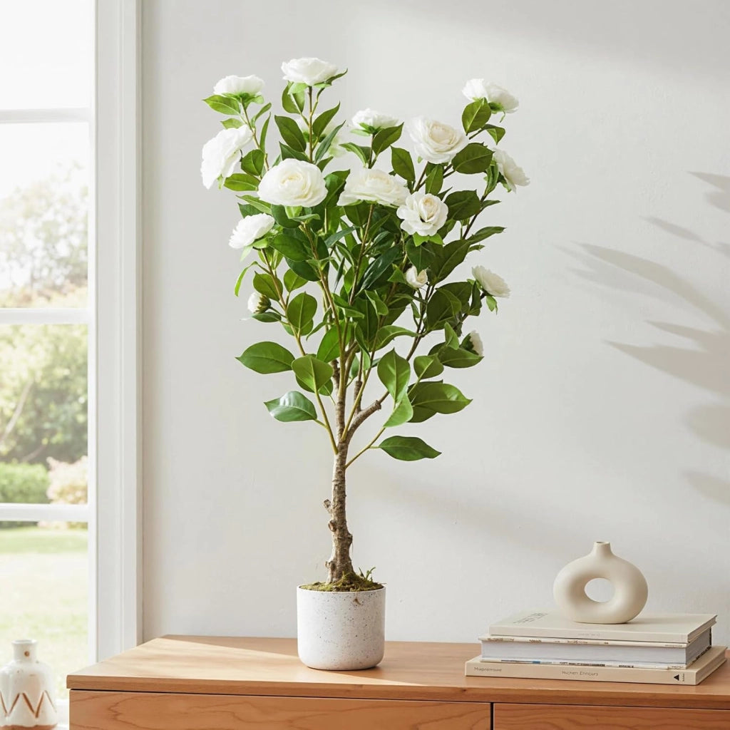 Camelia Artificiale Fiorita 85 cm Pianta da Interno ed Esterno in Vaso