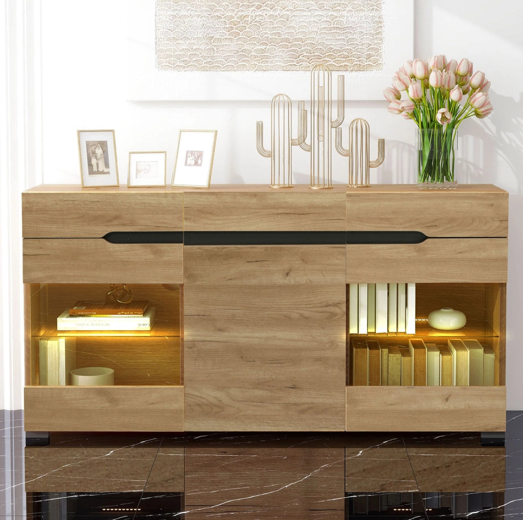Credenza LED rovere con 3 armadi e 3 cassetti