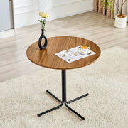 Tavolino da divano rotondo con piano in MDF effetto noce e struttura treppiede in metallo nero