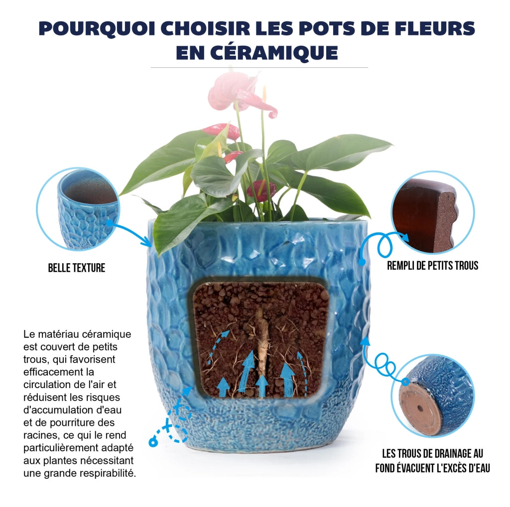 Vaso per piante ULEVR in ceramica ? 30 cm blu lucido con rilievo martellato e foro di drenaggio