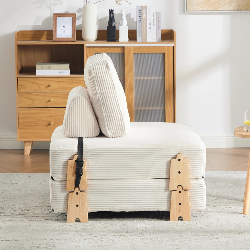 Poltrona letto pieghevole 90x86x84 cm in velluto a coste beige con legno massello