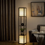 Lampada da terra a doppia luce 26x26x156 cm in MDF e plastica nera, 2 ripiani