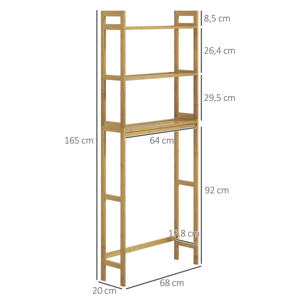 Scaffale da bagno in bambù 3 ripiani con fissaggio antiribaltamento, naturale, salvaspazio sopra WC