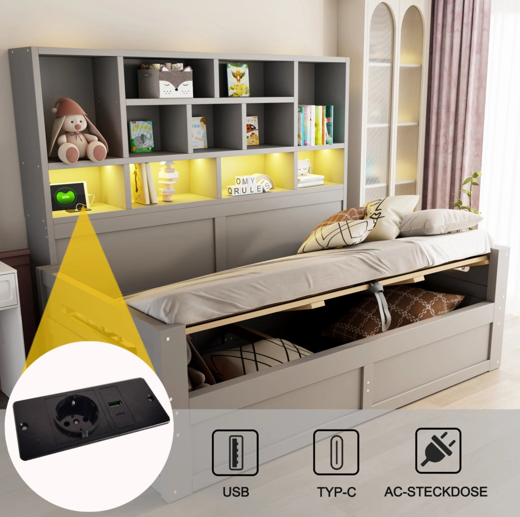 Letto singolo multifunzione 90x200 cm con contenitore idraulico, illuminazione LED e presa elettrica, grigio