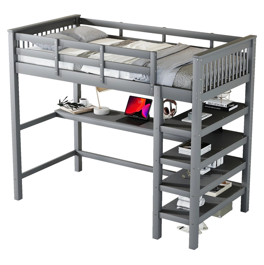 Letto a soppalco 90x200 cm con scrivania e ripiani; grigio