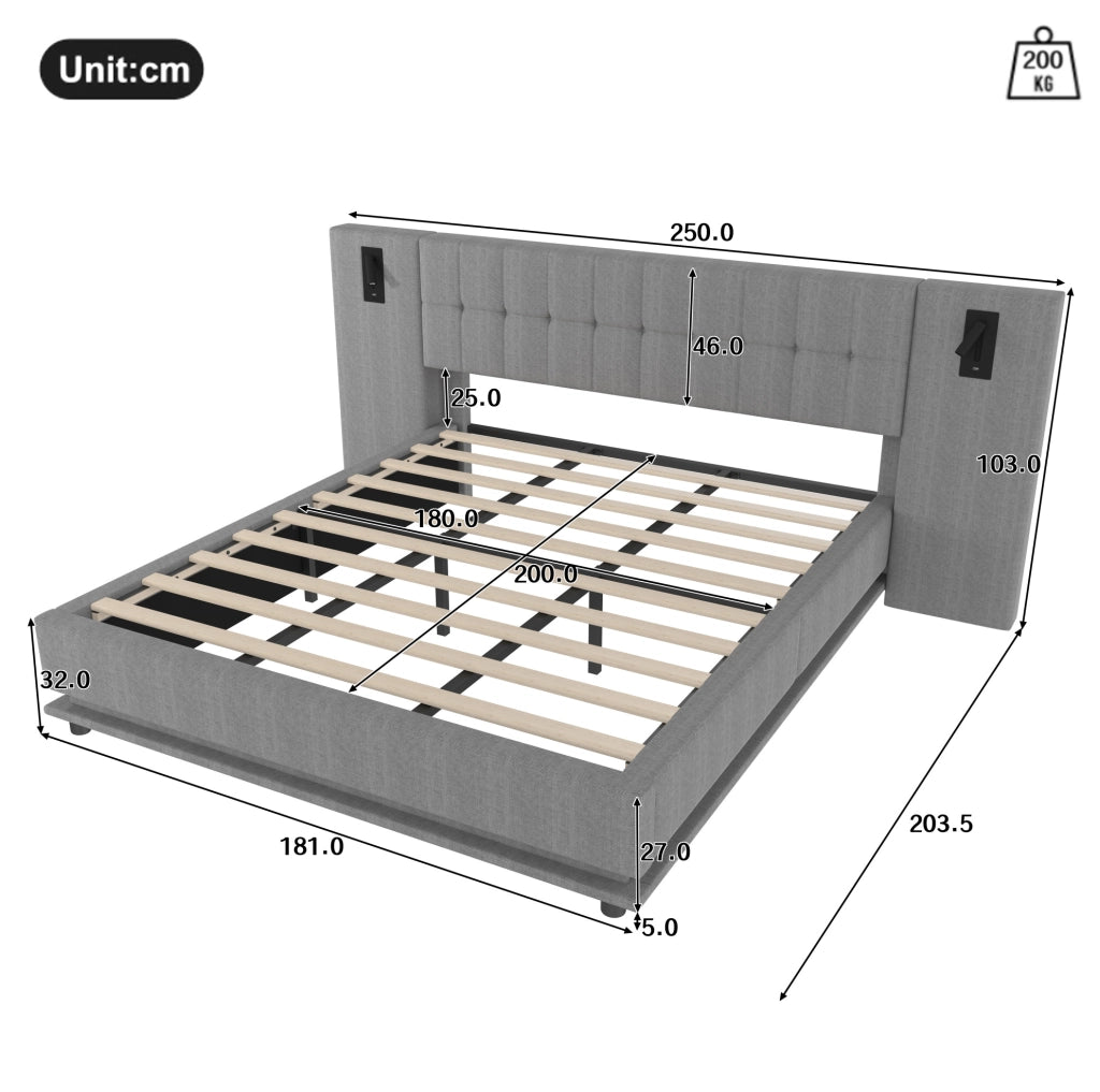 Letto imbottito 180x200 cm in lino grigio con striscia LED, testiera con spot e porta USB, senza materasso