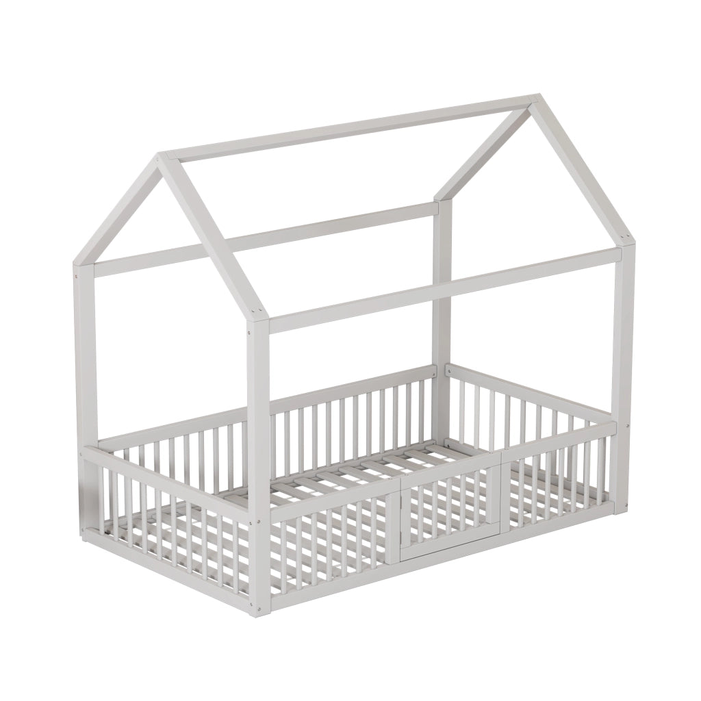 Letto casetta per bambini 90 × 200 cm con barriera e porta apribile; senza materasso; in pino e MDF; bianco
