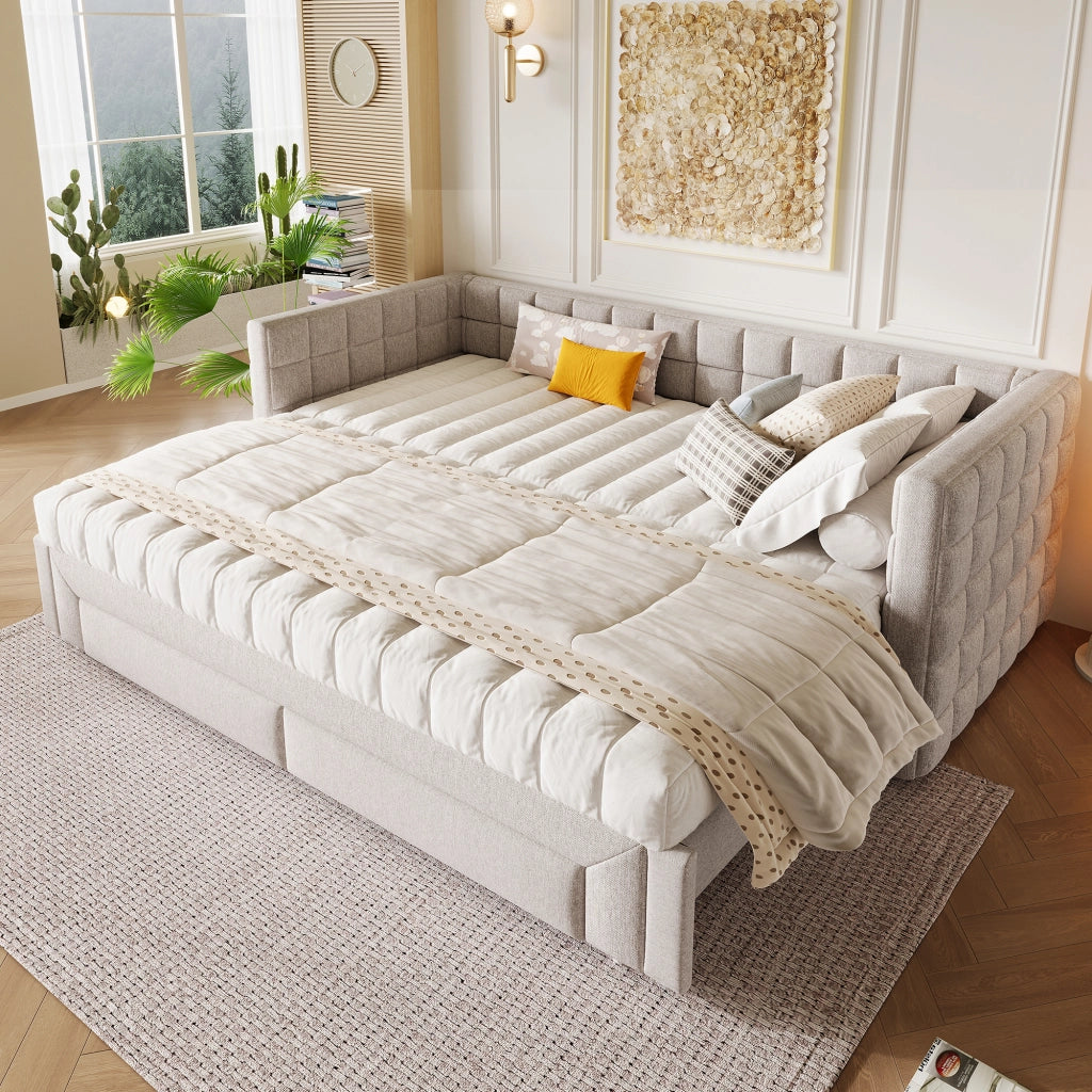 Divano letto 90 × 200 cm con due cassetti estraibile rivestito in velluto struttura in MDF beige senza materasso