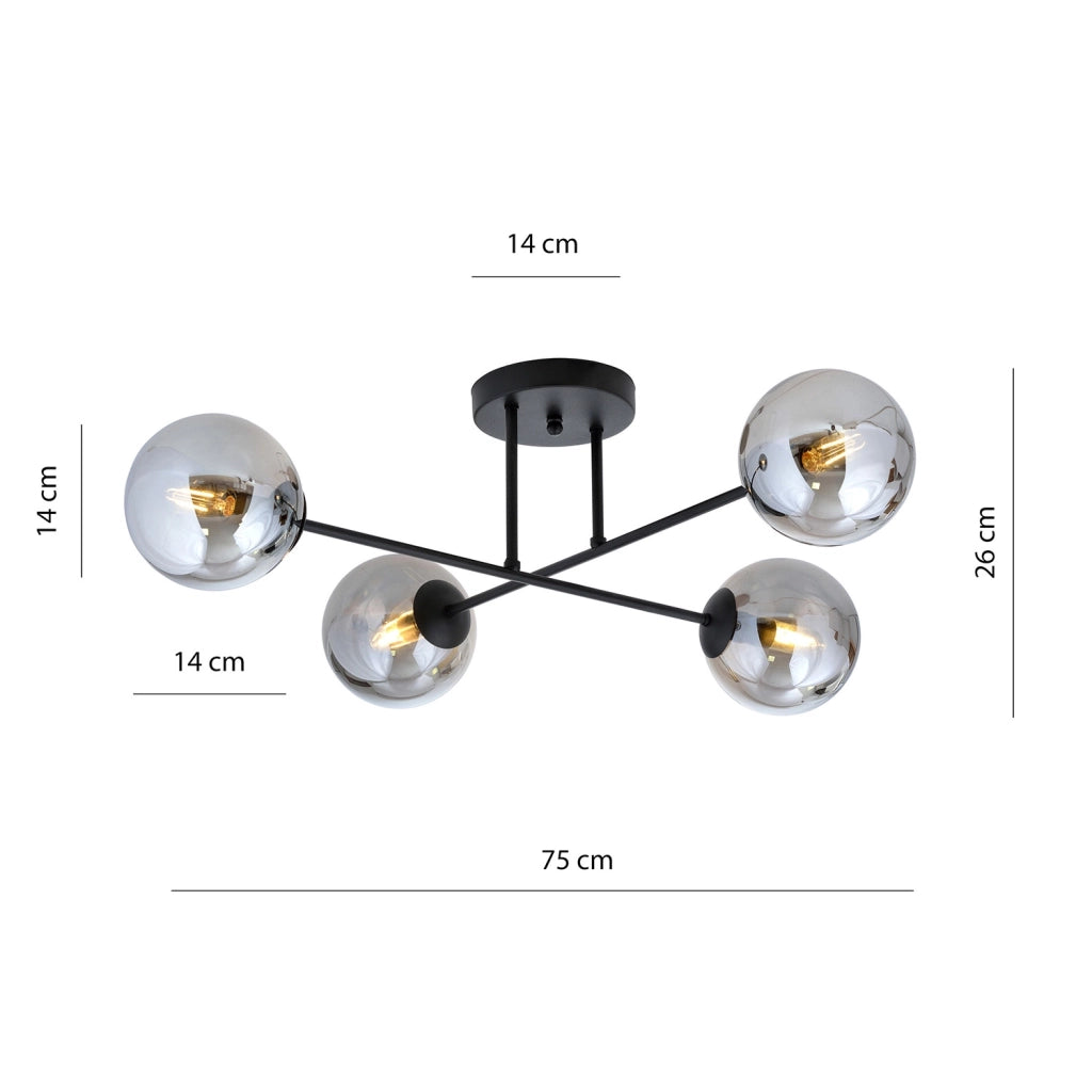 Plafoniera Moderna Hsi Wang Mu 4 Luci In Acciao Nero E Sfere In Vetro Fumè