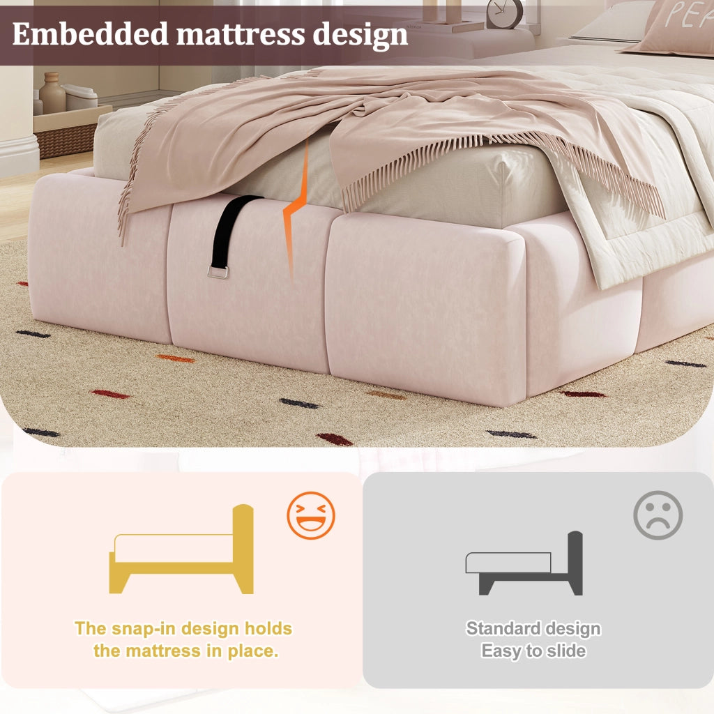 Letto per bambini imbottito con vano contenitore idraulico e USB tipo C in velluto rosa 90 × 200 cm