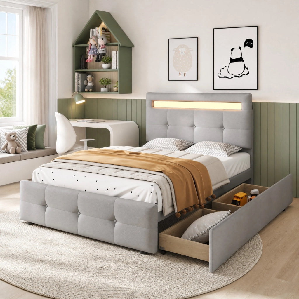DESMIU Letto adulto 90 × 200 cm con 2 cassetti, LED, testiera regolabile, senza materasso, grigio