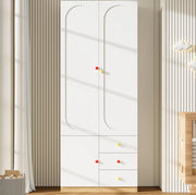 Armadio guardaroba bianco per bambini con 2 ante, 3 cassetti, bastone appendiabiti e maniglie in ceramica colorata, 80x50x200 cm