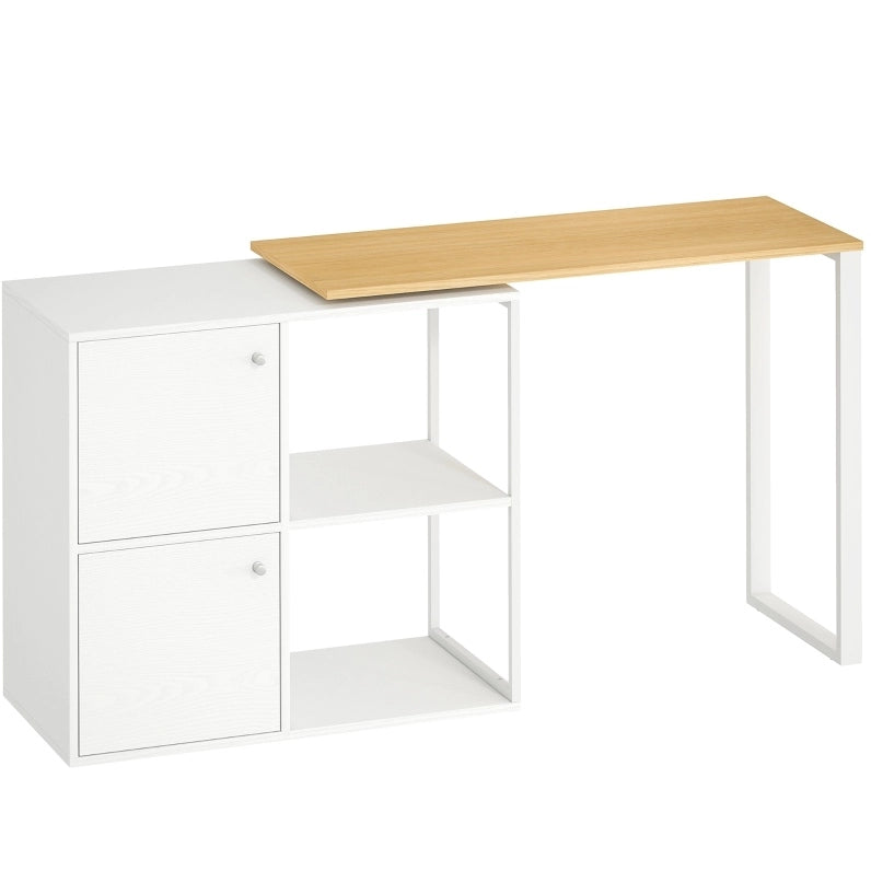 Scrivania angolare girevole a 360°, con 2 armadietti e 2 ripiani aperti, per spazi ridotti, 150x40x75 cm, bianco e impiallacciatura legno chiaro