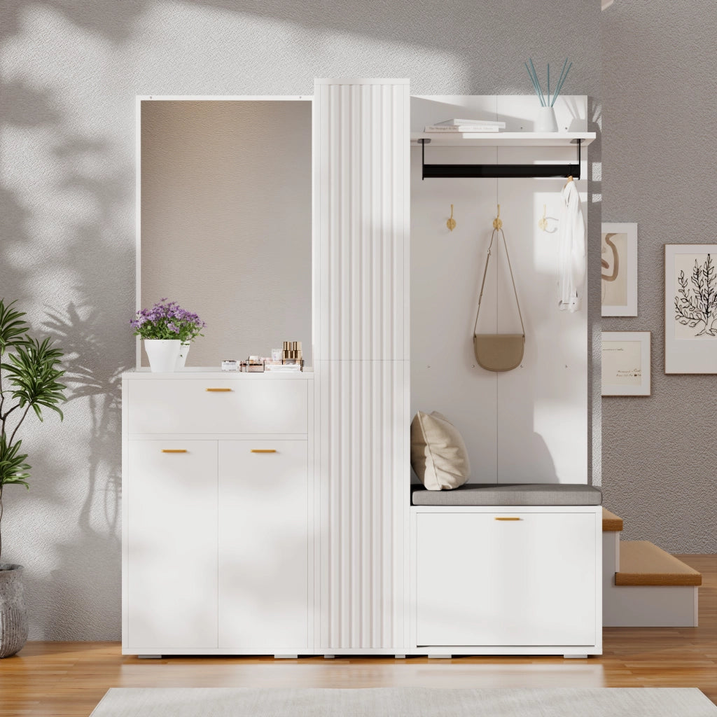 Mobile da ingresso con specchio e appendiabiti, 3 ante, scarpiera a ribalta, panca e cassetto, bianco, 150 × 36 × 180 cm