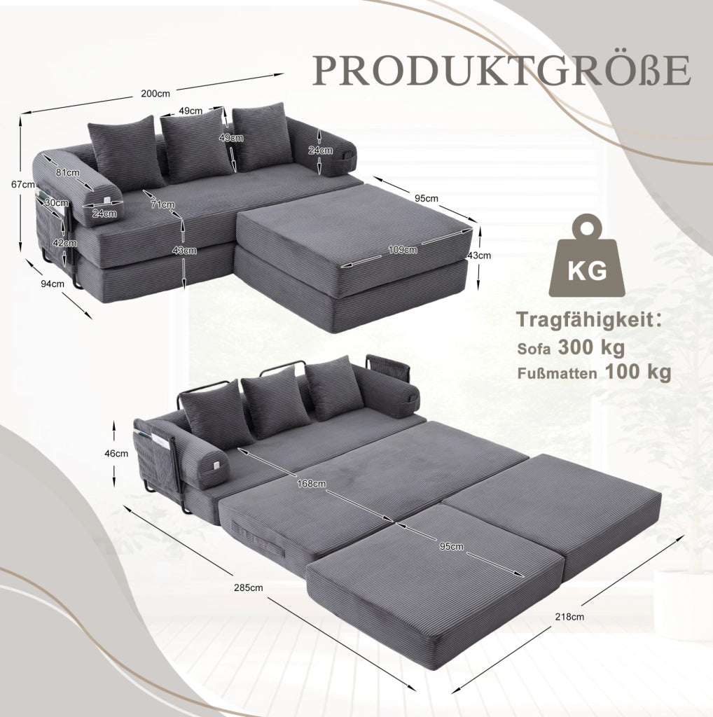 Sofa modulare in velluto a coste con pouf; tasca laterale e 3 cuscini; grigio scuro