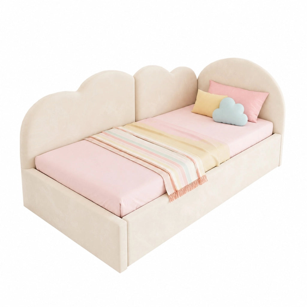 Letto imbottito a L con letto estraibile in velluto beige