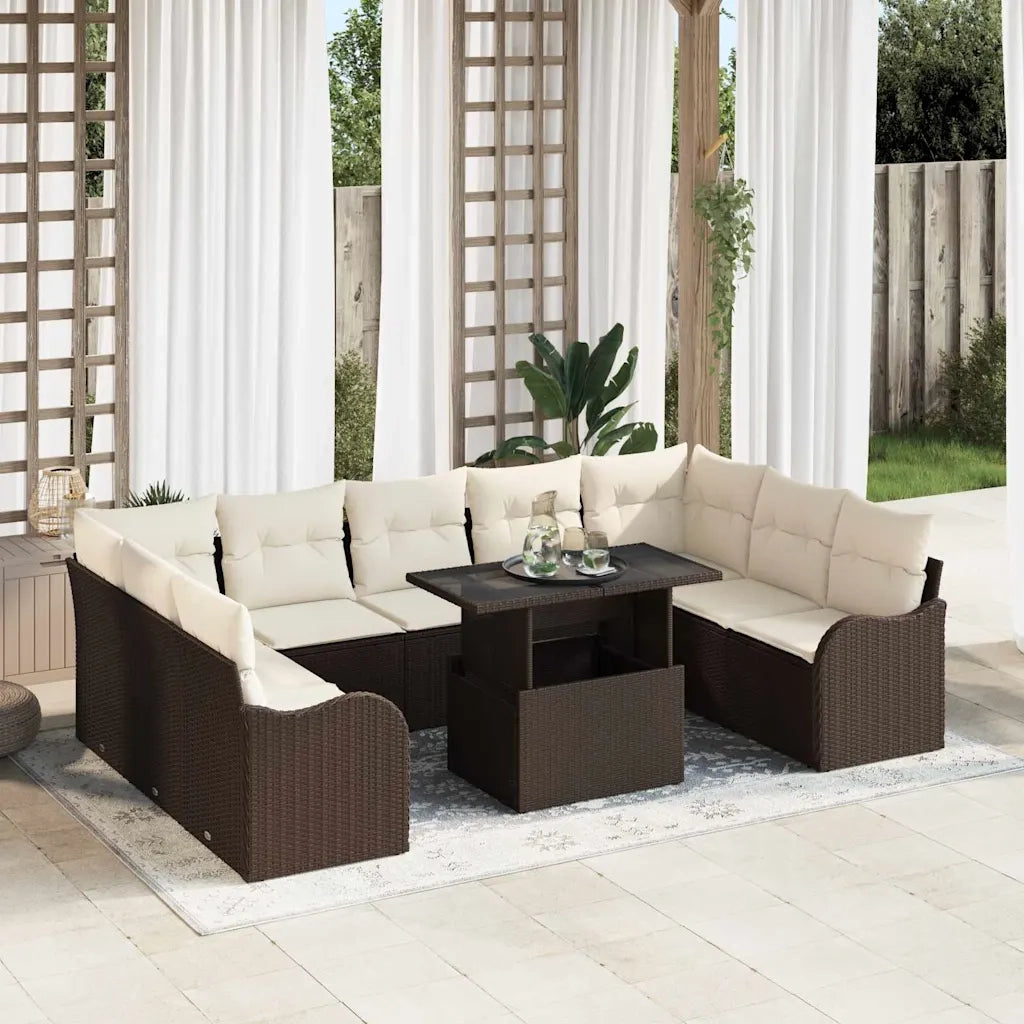 Set Divano da Giardino con cuscino 10 pcs Marrone Poly Rattan