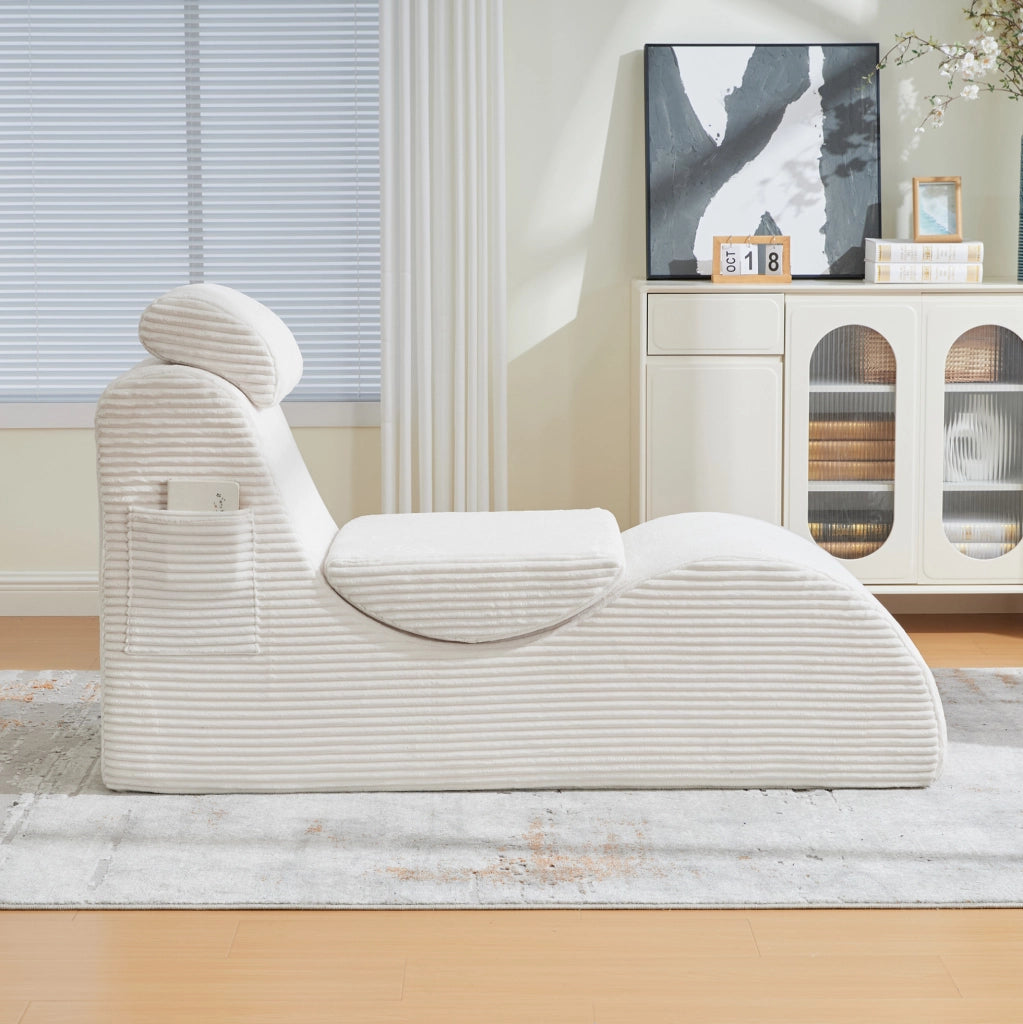 Poltrona singola ergonomica 160x66x90 cm in velluto a coste beige; con tasca laterale