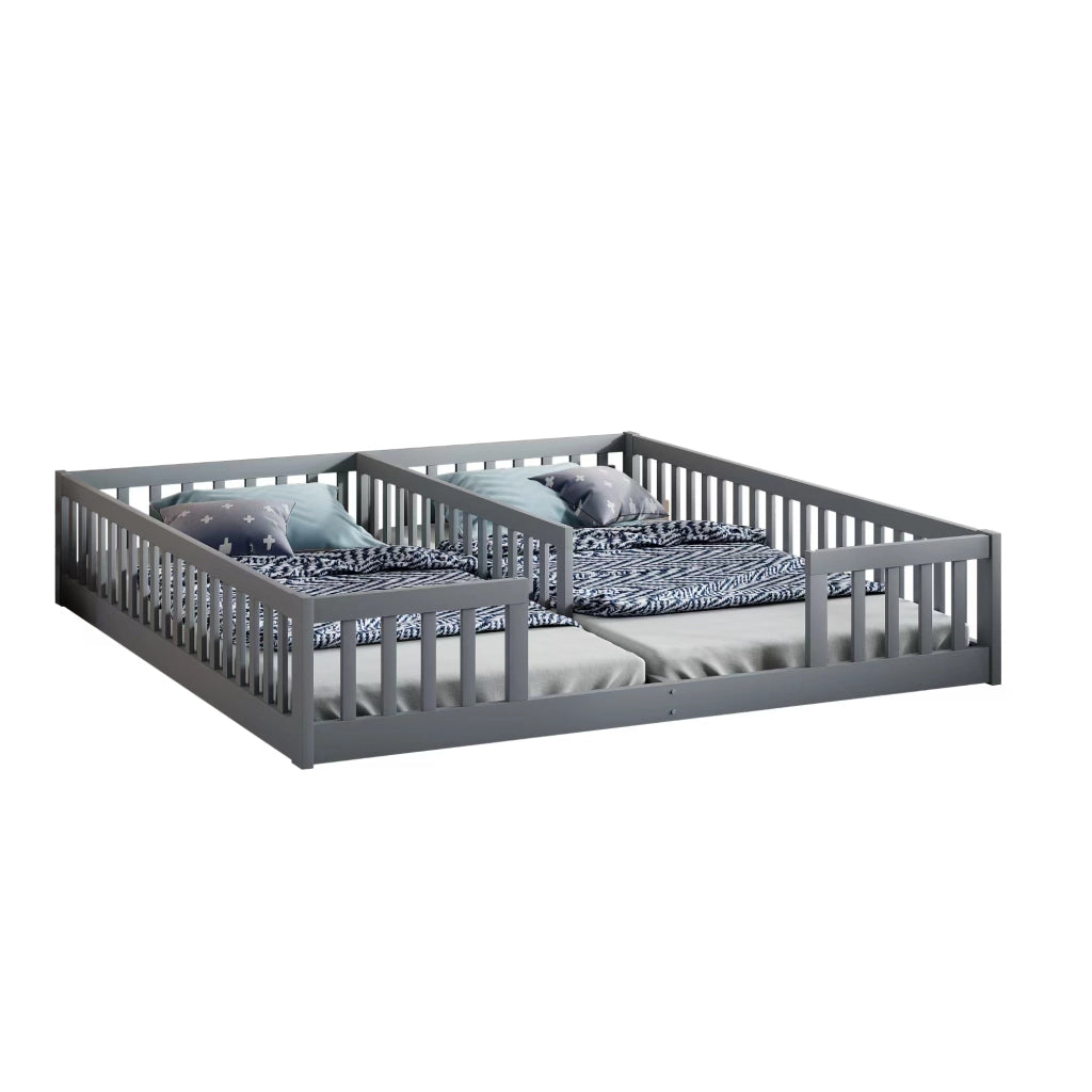 Letto per bambini 2 posti; 2 piani 90×200 cm con barriere di sicurezza; senza materasso; in pino e MDF; grigio