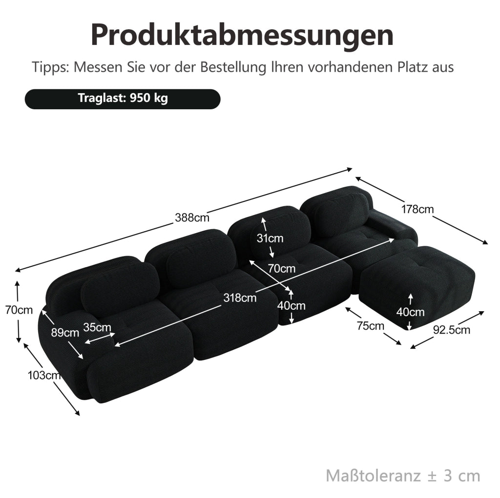 Divano angolare modulare 4 posti con rivestimento in velluto a coste nero, schiuma ad alta densità 32D, senza telaio, con chaise longue e braccioli extra larghi
