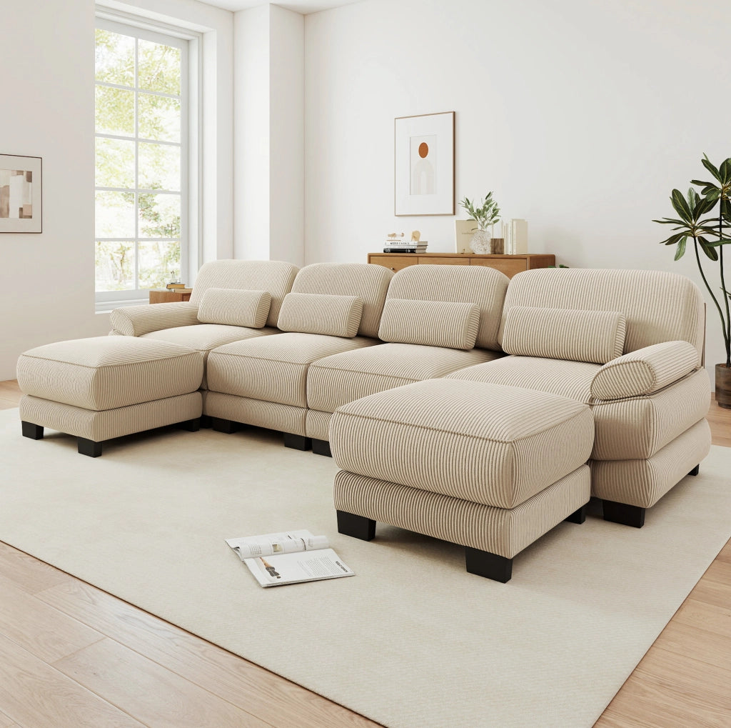Divano modulare in velluto a coste beige con 2 pouf; 336 x 161 x 94 cm