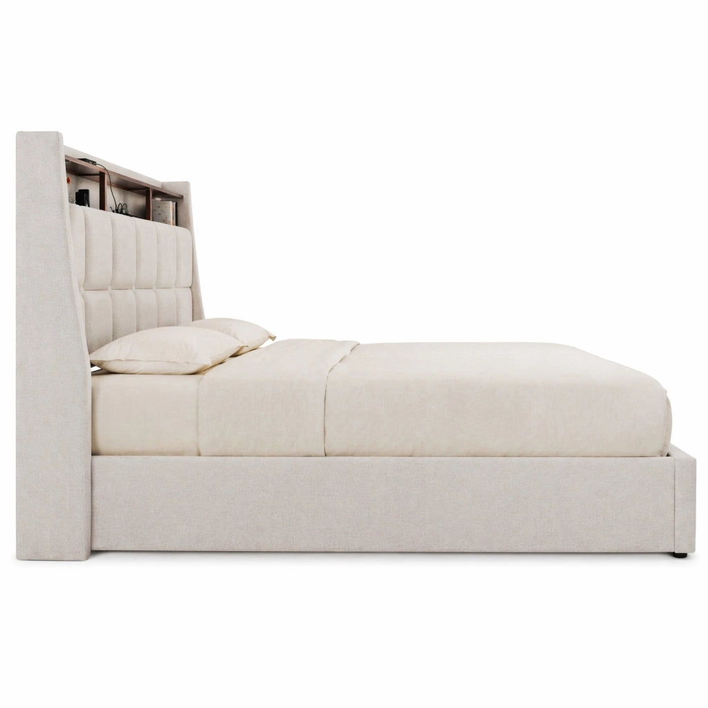 Letto imbottito 140x200cm con LED e porte USB, struttura in lino color beige chiaro senza materasso