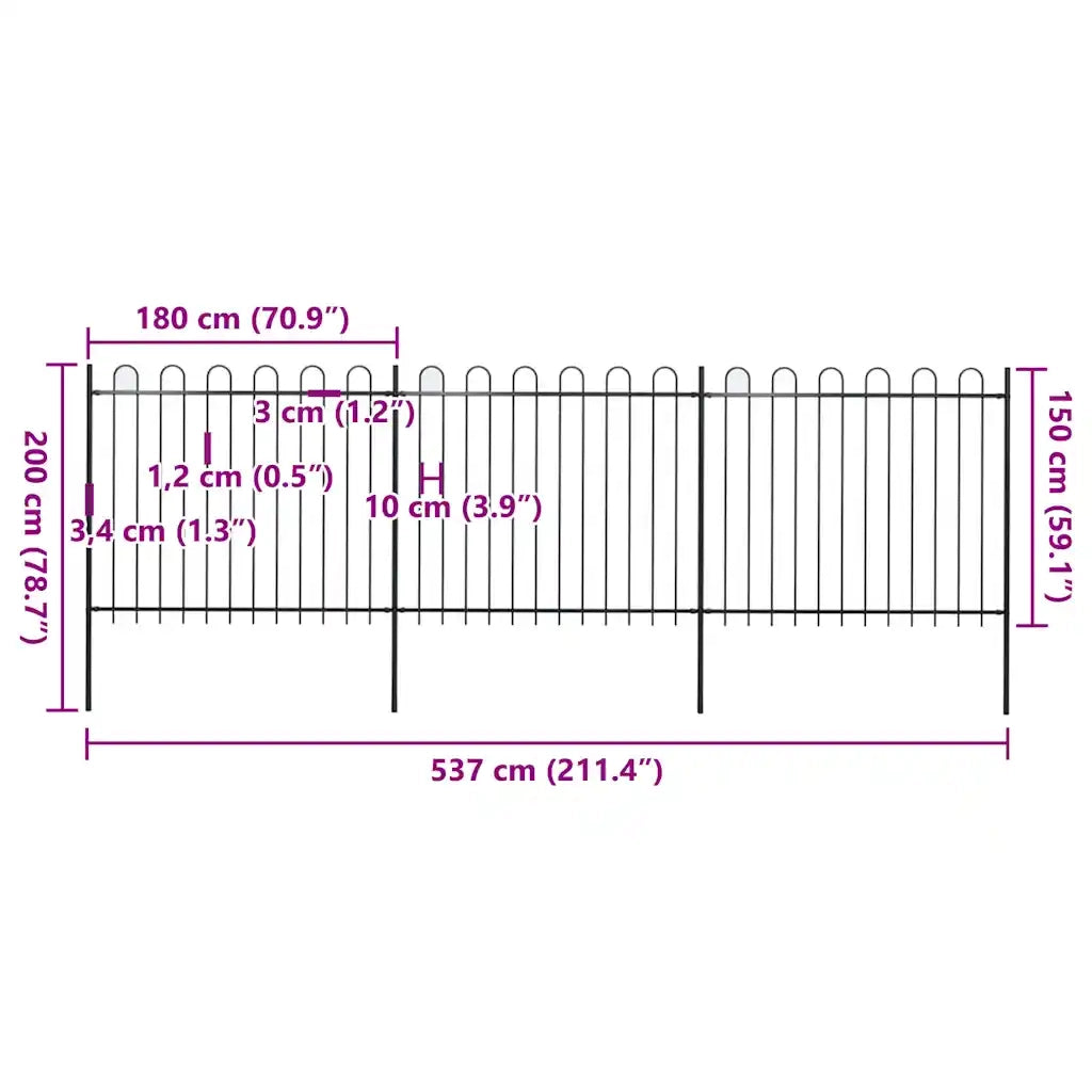 Recinzione da Giardino | Recinzione da cortile con Parte Superiore ad Anello in Acciaio 537x150 cm Nera