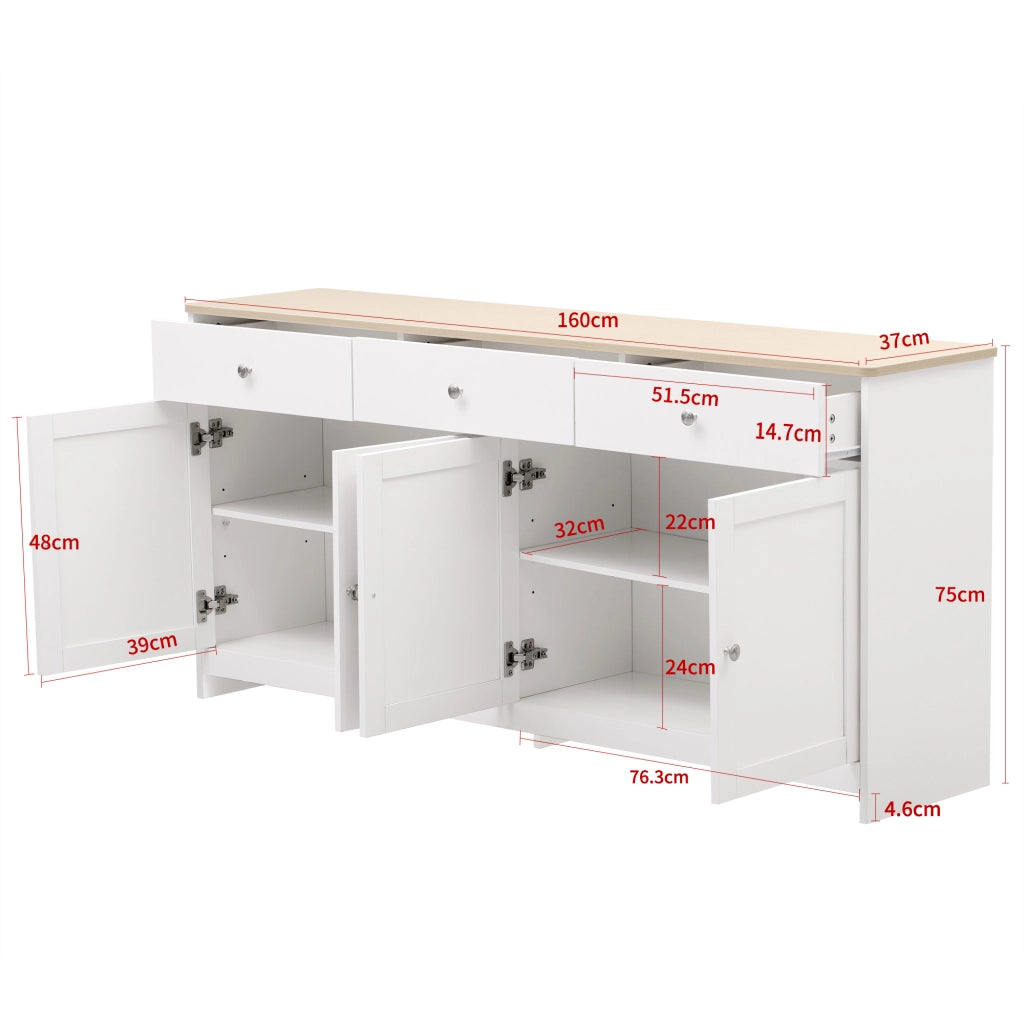 Credenza 160x37x75 cm con 4 ante; 3 cassetti e ripiani regolabili; bianco ed effetto legno