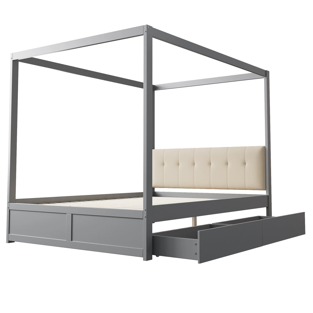 Letto a tenda 140x200 cm con due cassetti; schienale imbottito e struttura in legno; grigio e bianco