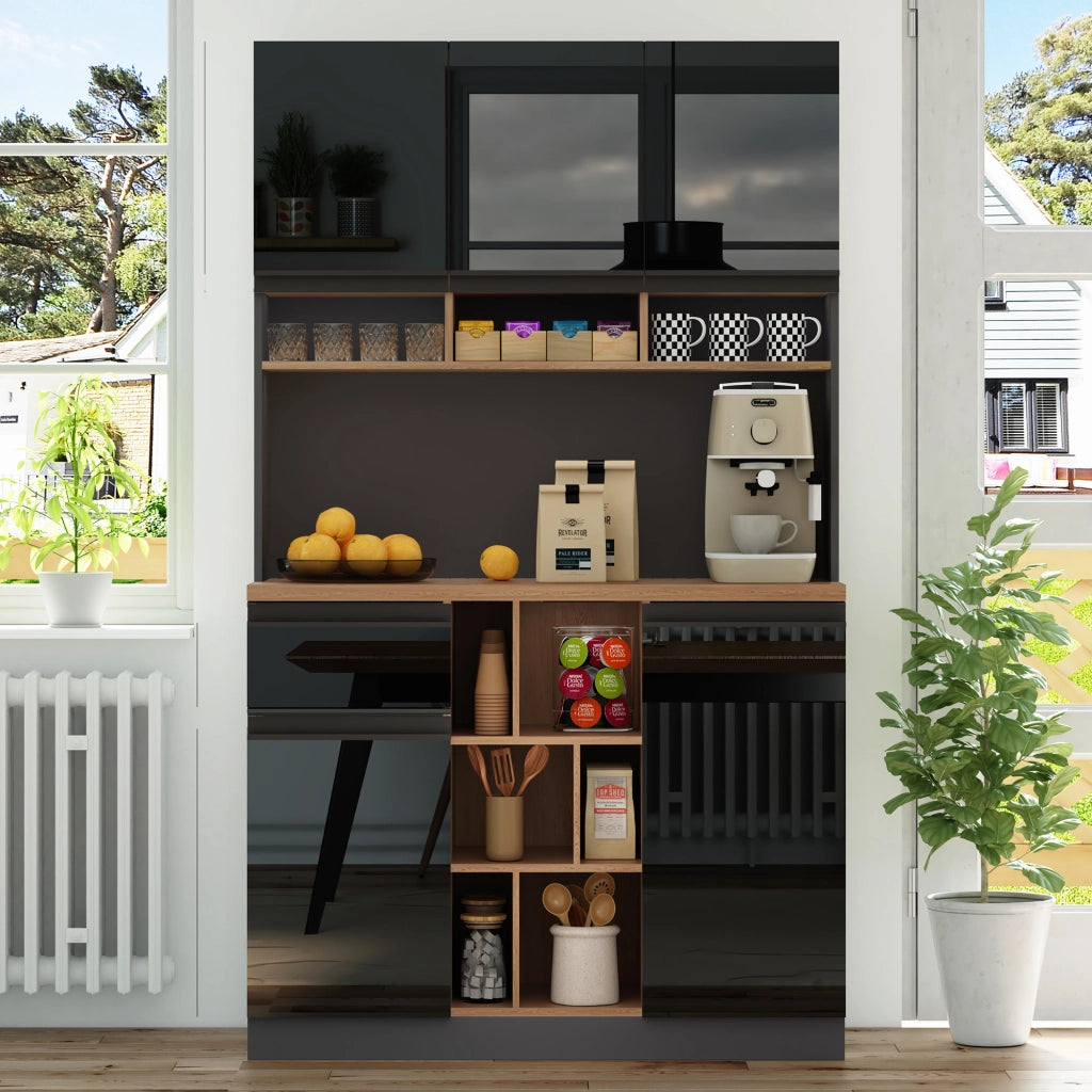 Mobile buffet da cucina con ripiani regolabili e cassetto; nero e naturale