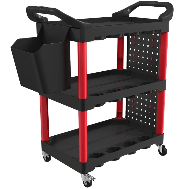Carrello portautensili a 3 livelli con pannelli forati, ganci e contenitore, nero e rosso