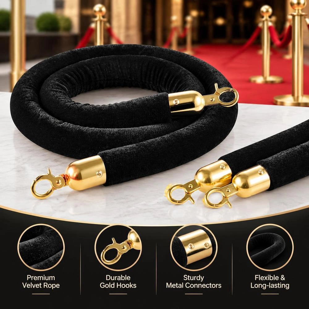4 Pcs Black Velvet Stanchion Ropes, 5 Ft Crowd Control Stanchion Black Velvet Ropes With Gold Hooks, Post Queue Barrier Carpet Rope For Carpet Events Movie Theaters Grand Openings Hotels Party