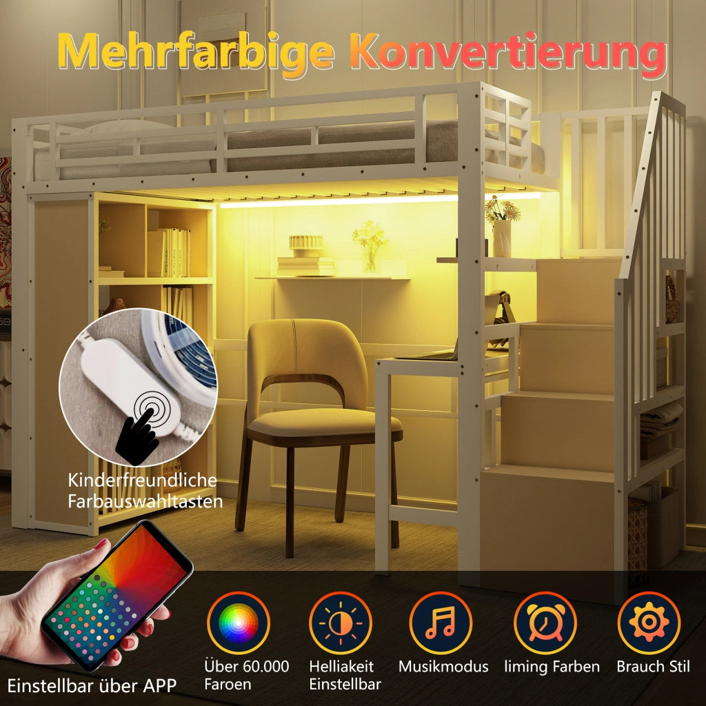Letto a soppalco 90 × 200 cm 1 posto con scrivania, mensole, scaletta contenitore e LED, senza materasso, bianco