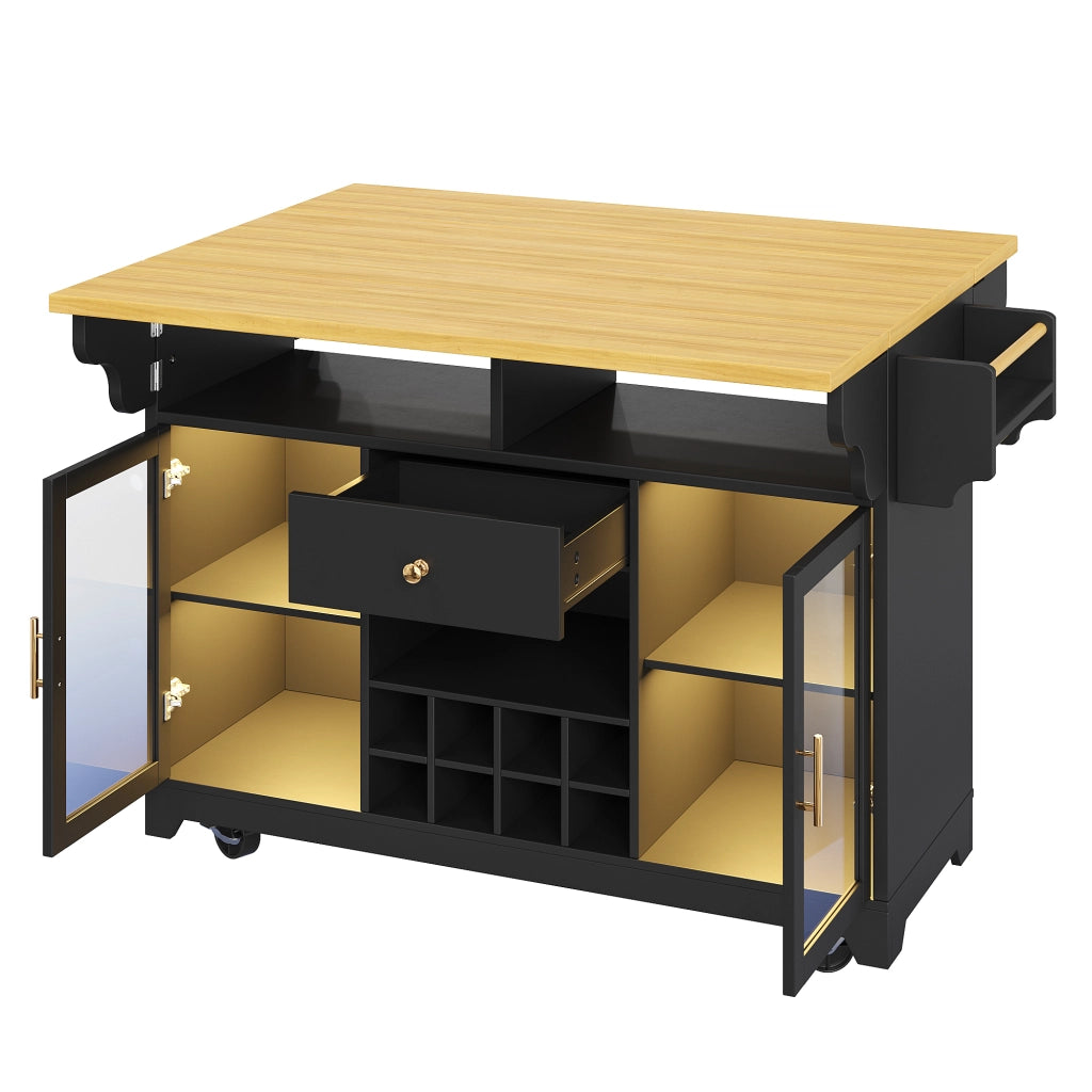 Carrello da cucina con ripiani regolabili, portabottiglie e piani pieghevoli, LED RGB, nero, 120 × 80 × 95 cm