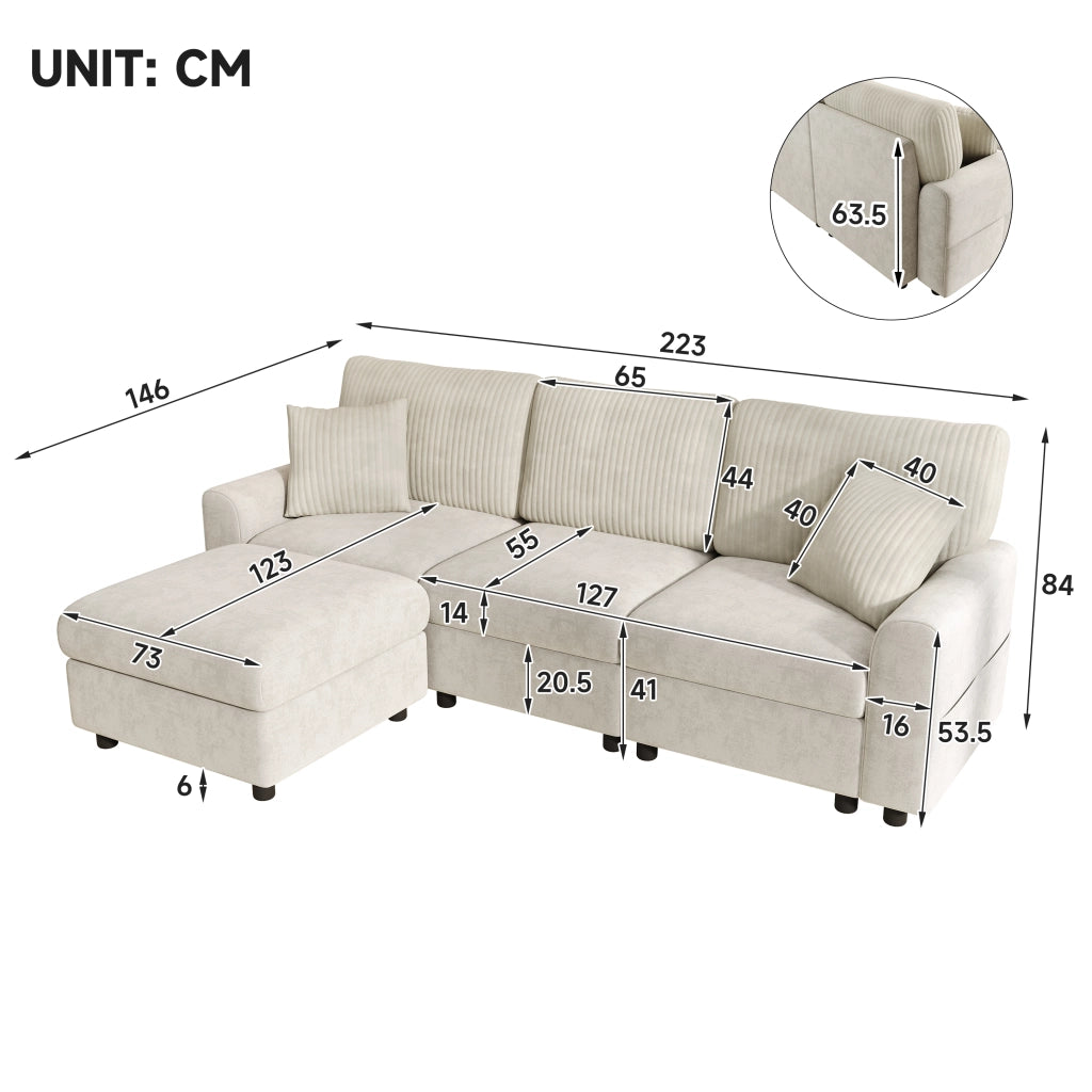 Divano dritto moderno con pouf mobile, porta USB e porta di tipo C, 2 cuscini quadrati, in ciniglia e velluto a coste beige