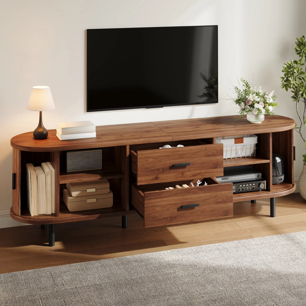 Mobile TV 150x40x55 cm con ante scorrevoli; 2 cassetti e ripiani; struttura MDF e pannello truciolare noce