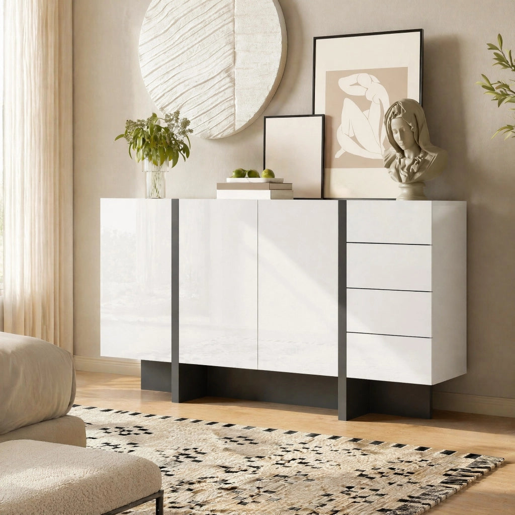 Sideboard bianco lucido con 2 ante e 4 cassetti