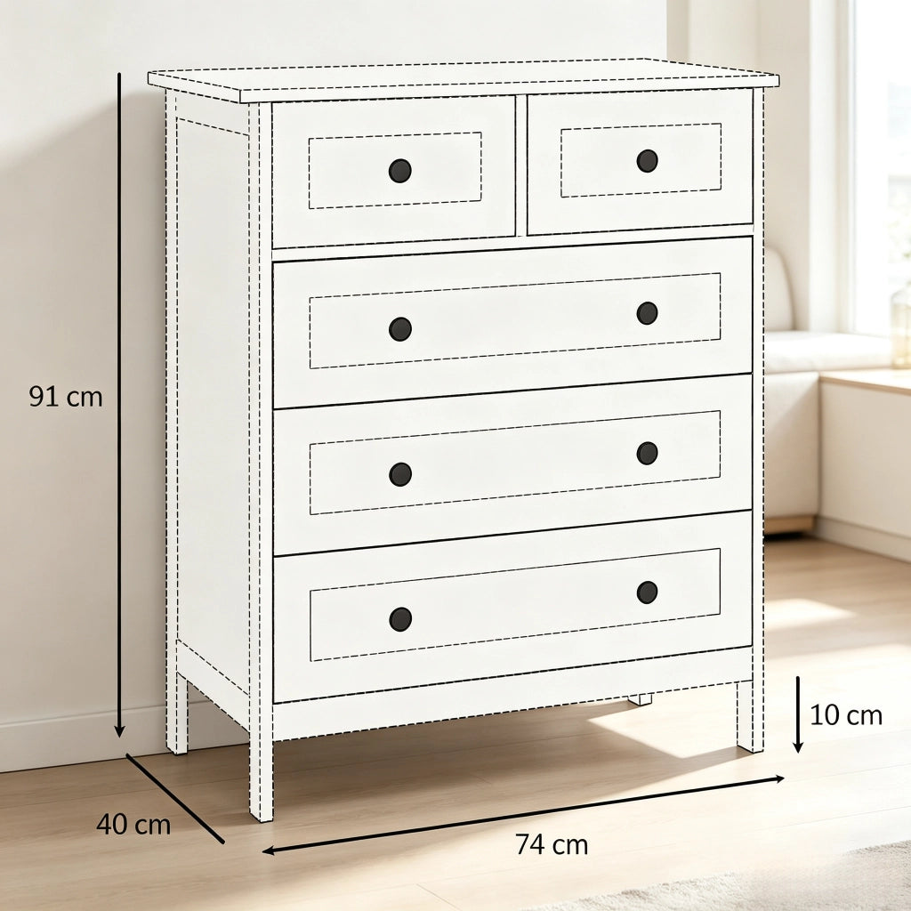 Cassettiera con 5 cassetti in MDF e pannelli truciolari bianca con protezione antiribaltamento 74 × 40 × 91 cm